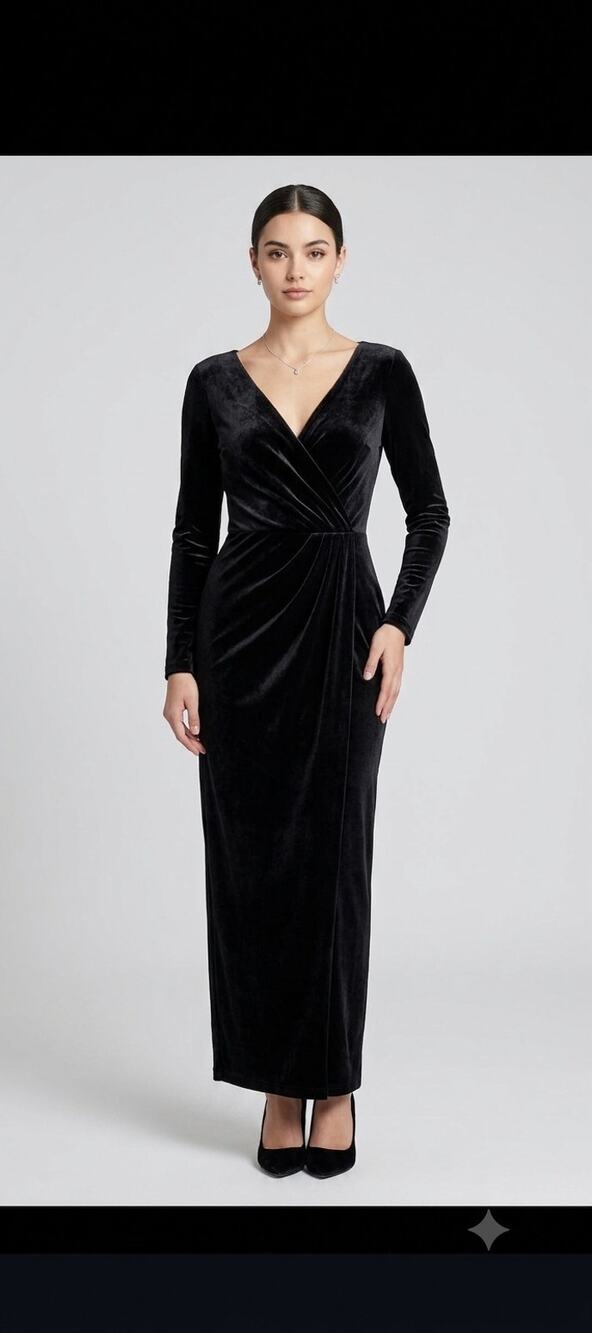 Carmen Marc Valvo Black Velvet Silk Blend Maxi Dress US 6 Evening Party